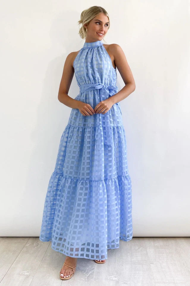 Check Halter Neck Tie Waist Maxi Dress - Image 4