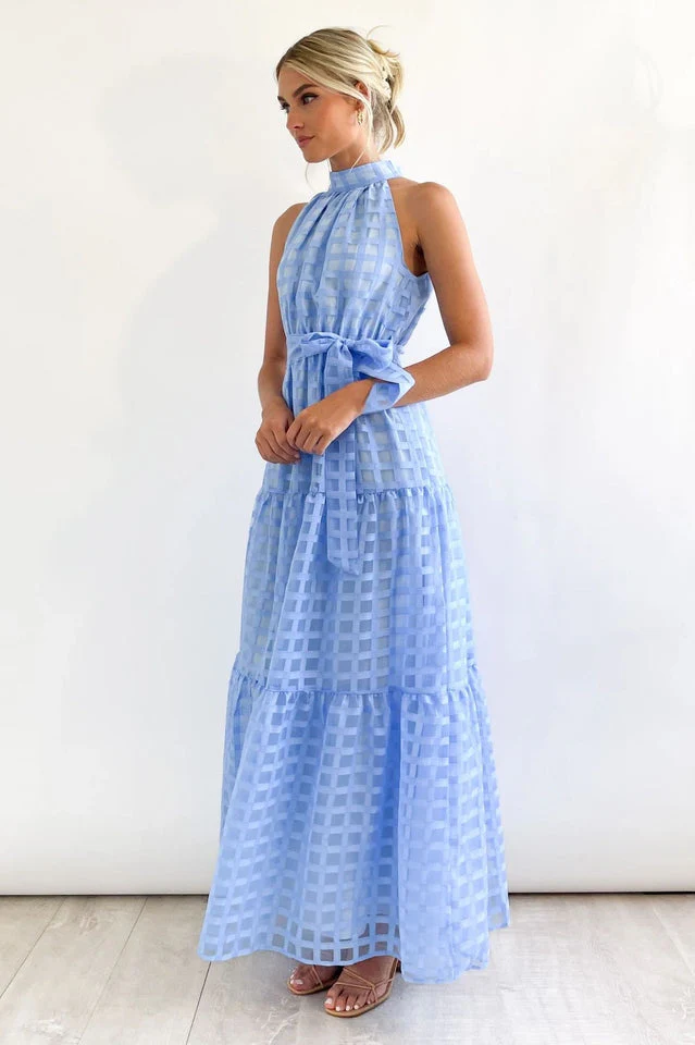 Check Halter Neck Tie Waist Maxi Dress - Image 5