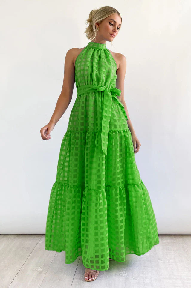 Check Halter Neck Tie Waist Maxi Dress - Image 7