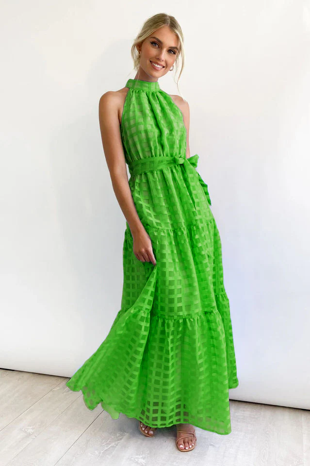 Check Halter Neck Tie Waist Maxi Dress - Image 8