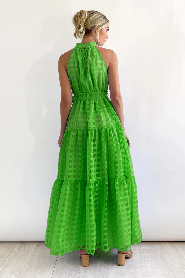 Check Halter Neck Tie Waist Maxi Dress - Image 9