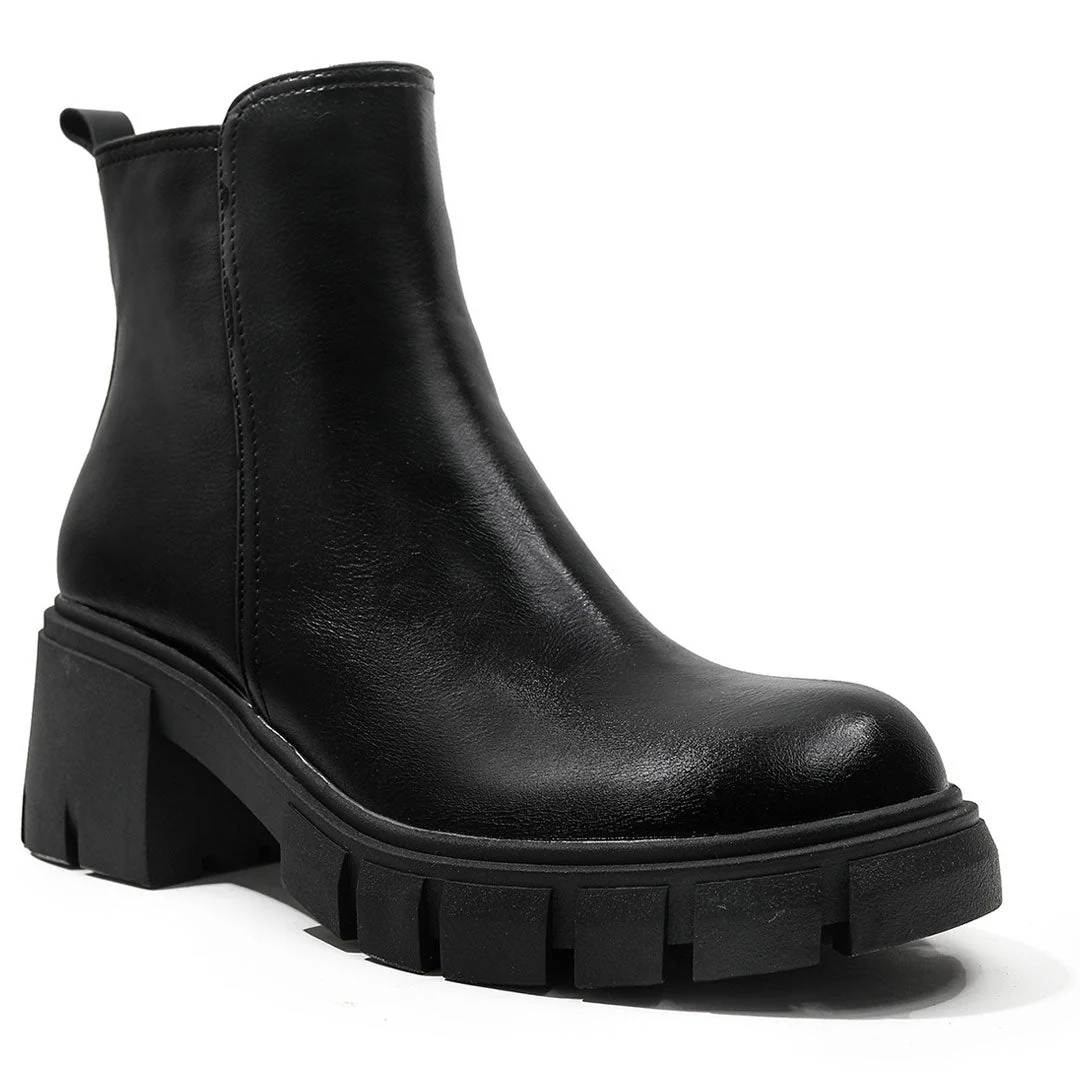 Chelsea Style Faux Leather Lug Sole Block Heel Ankle Boots - Black - Image 4
