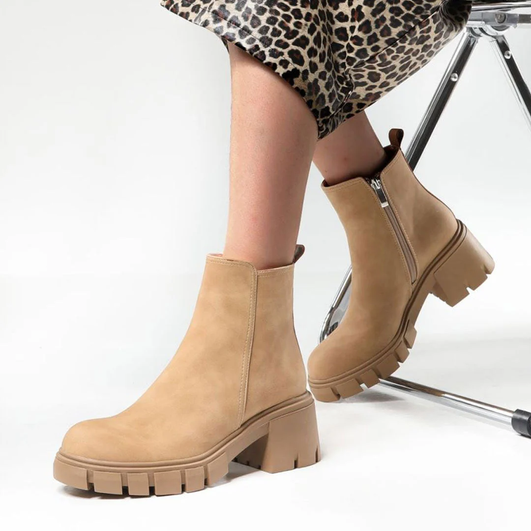 Chelsea Style Faux Leather Lug Sole Block Heel Ankle Boots - Khaki - Image 5