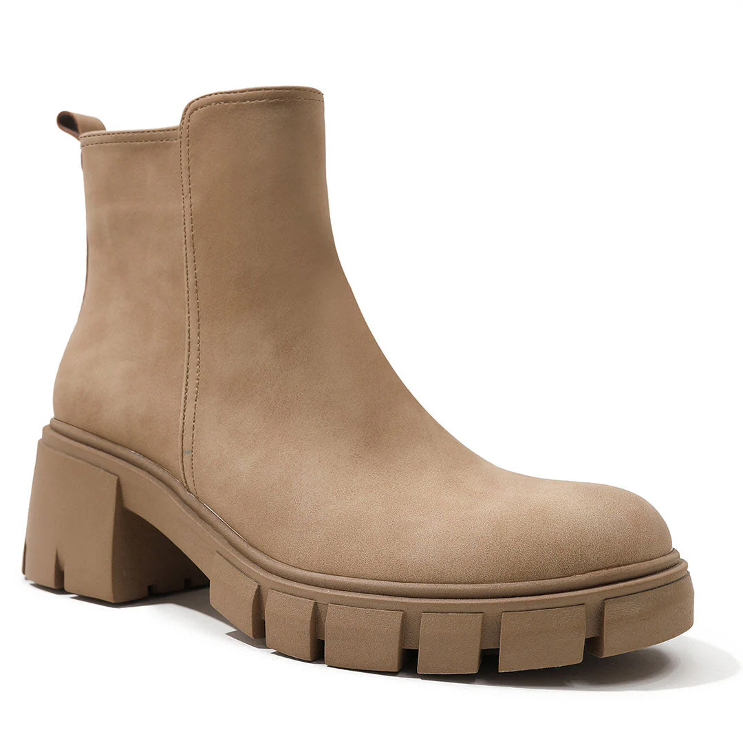 Chelsea Style Faux Leather Lug Sole Block Heel Ankle Boots - Khaki - Image 6