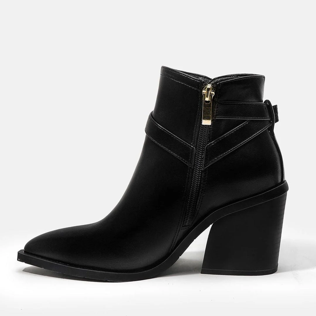 Chelsea Style Pointed Toe Buckle Strap Block Heel Ankle Boots - Black - Image 3