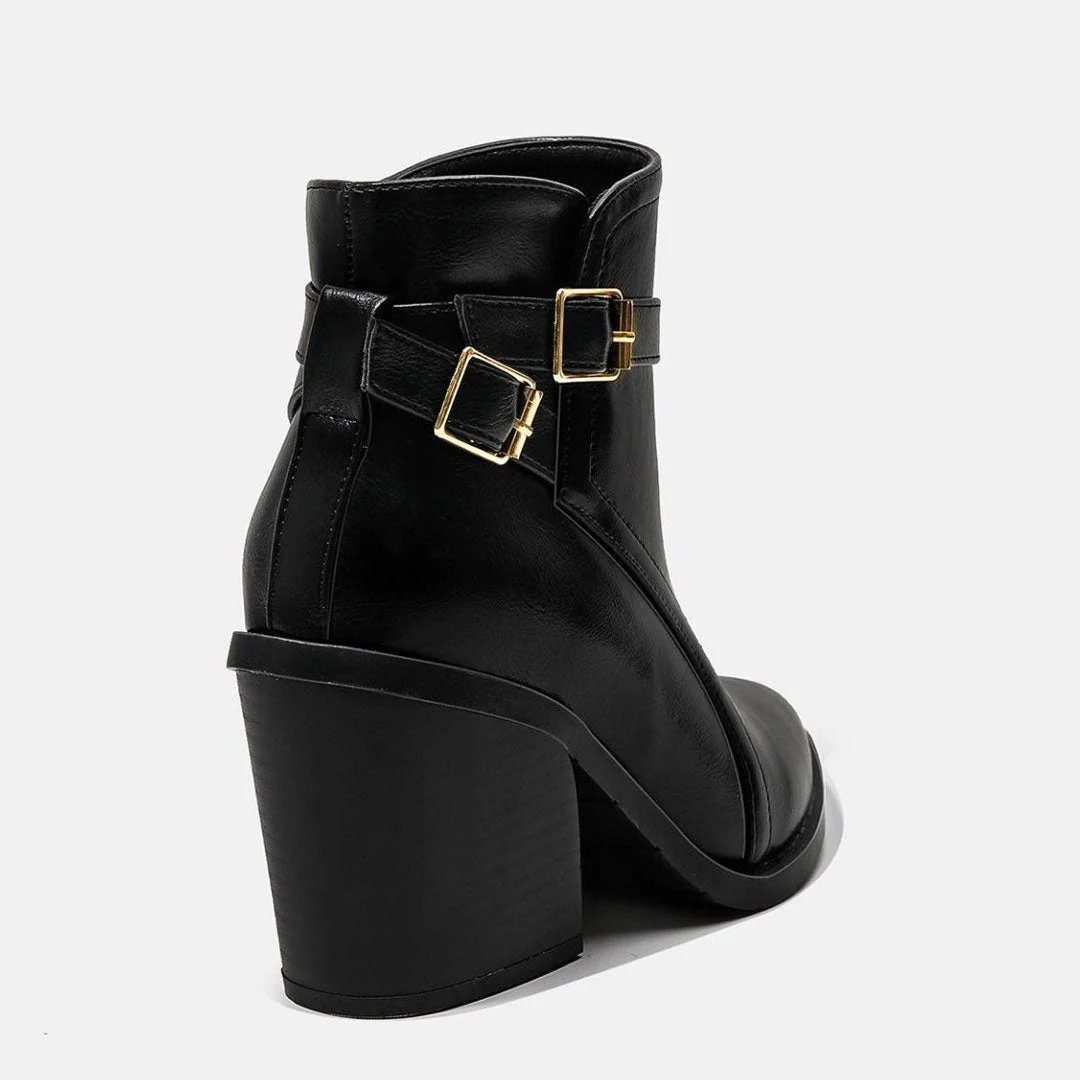 Chelsea Style Pointed Toe Buckle Strap Block Heel Ankle Boots - Black - Image 4