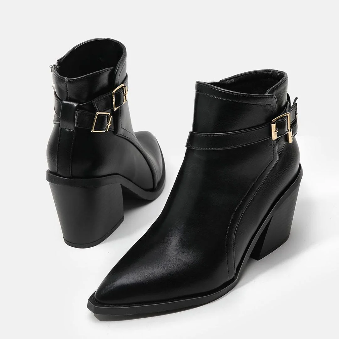 Chelsea Style Pointed Toe Buckle Strap Block Heel Ankle Boots - Black - Image 5