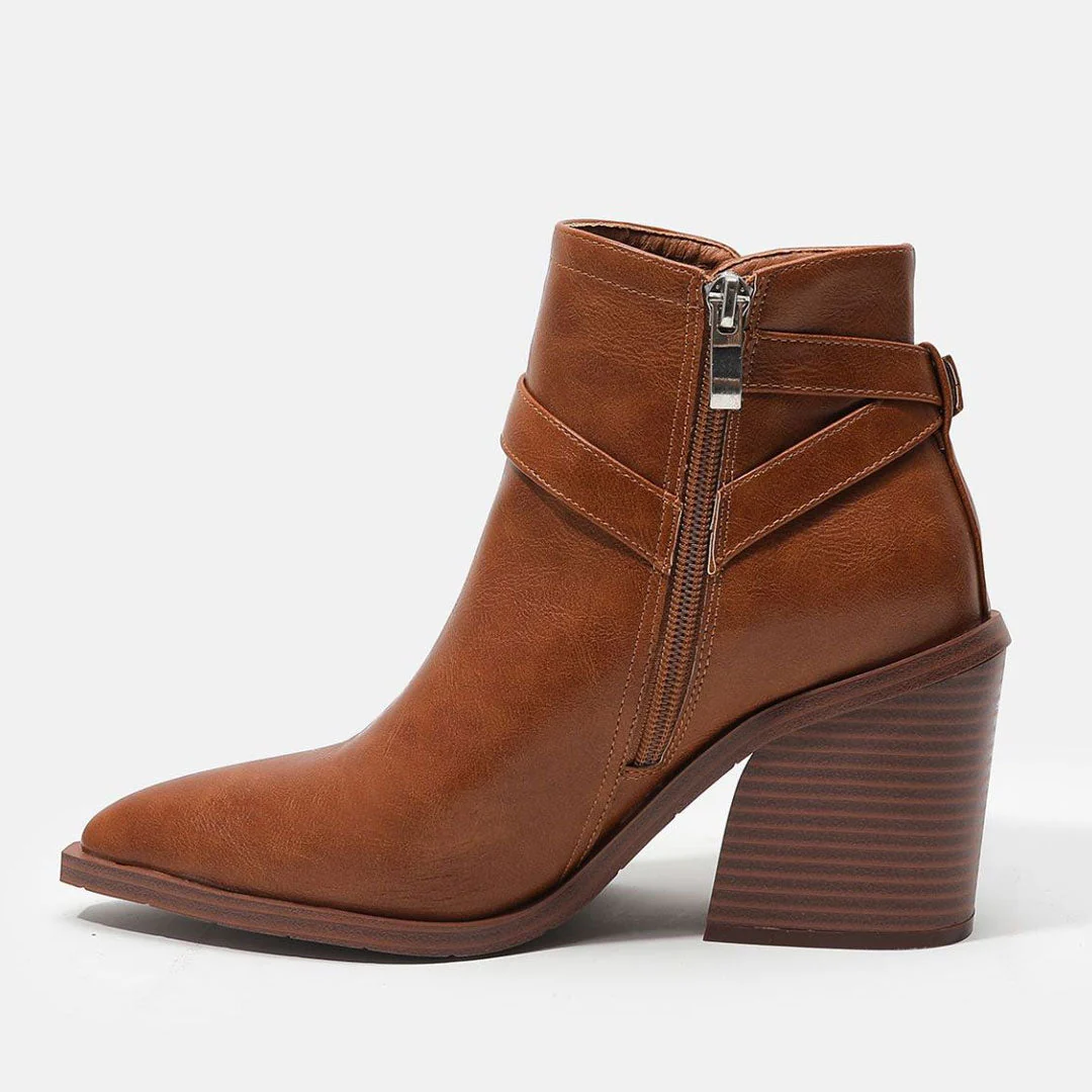Chelsea Style Pointed Toe Buckle Strap Block Heel Ankle Boots - Caramel - Image 2