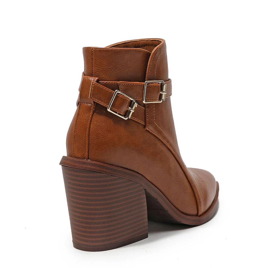 Chelsea Style Pointed Toe Buckle Strap Block Heel Ankle Boots - Caramel - Image 4
