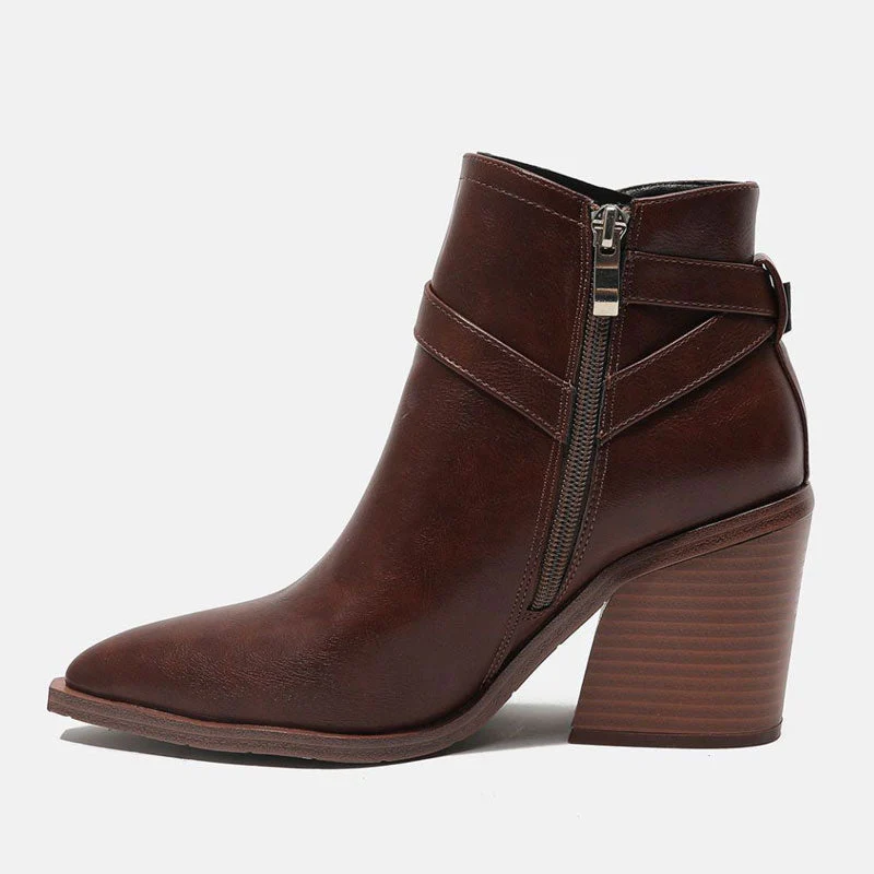 Chelsea Style Pointed Toe Buckle Strap Block Heel Ankle Boots - Dark Brown - Image 2