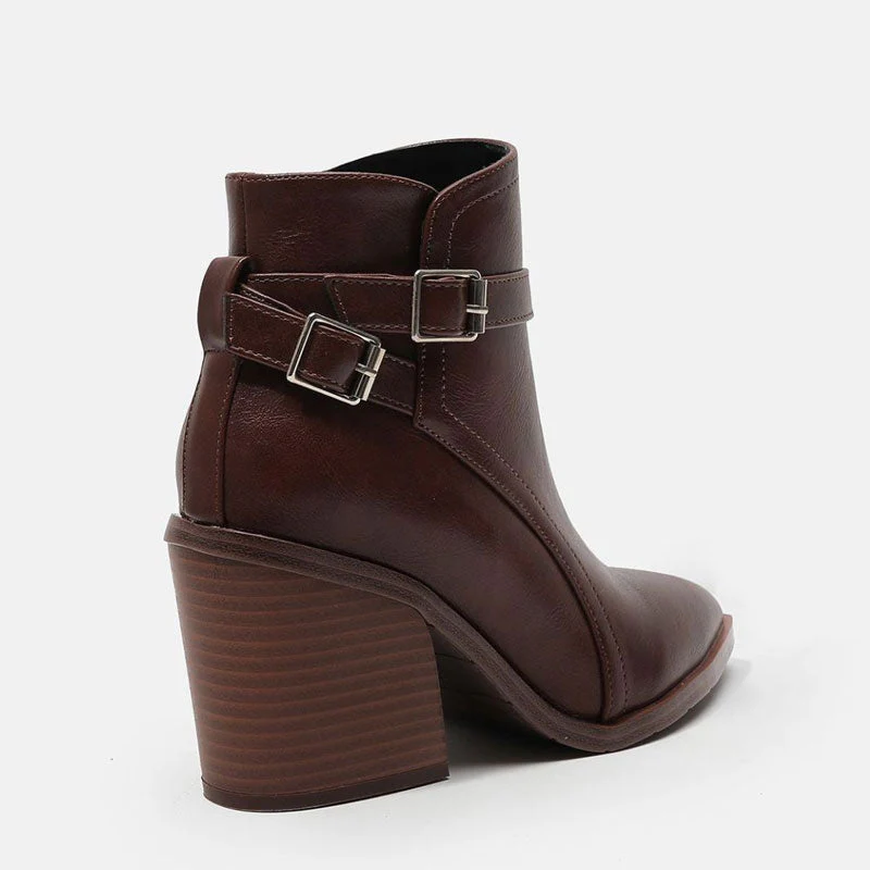Chelsea Style Pointed Toe Buckle Strap Block Heel Ankle Boots - Dark Brown - Image 3