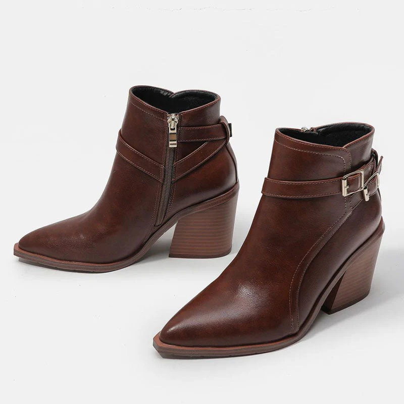 Chelsea Style Pointed Toe Buckle Strap Block Heel Ankle Boots - Dark Brown - Image 4