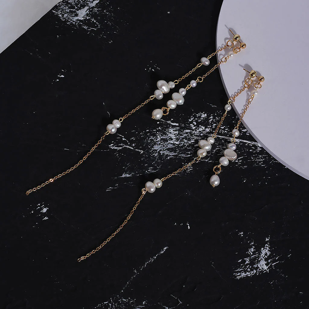 Chic 18K Gold Plated Two Tone Cable Chain Pearl Drop Linear Earrings - Image 2