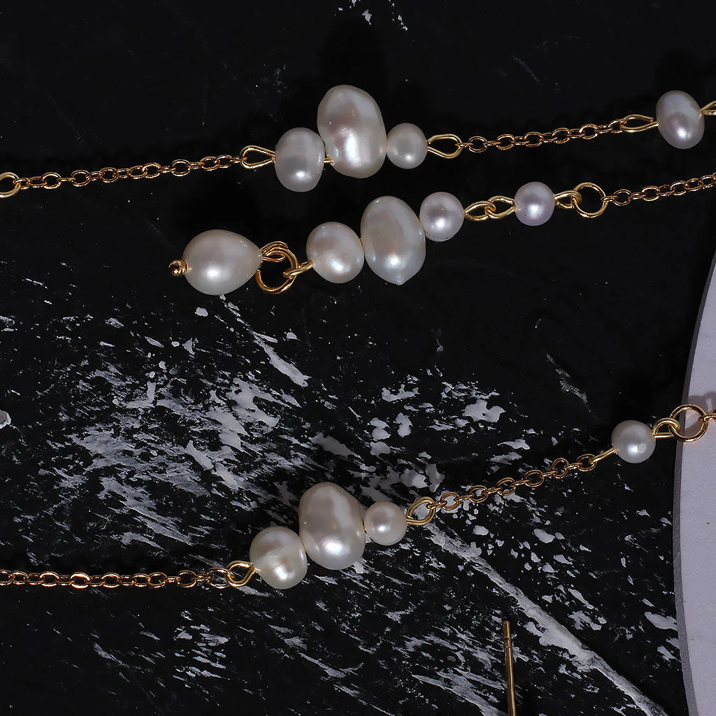 Chic 18K Gold Plated Two Tone Cable Chain Pearl Drop Linear Earrings - Image 3