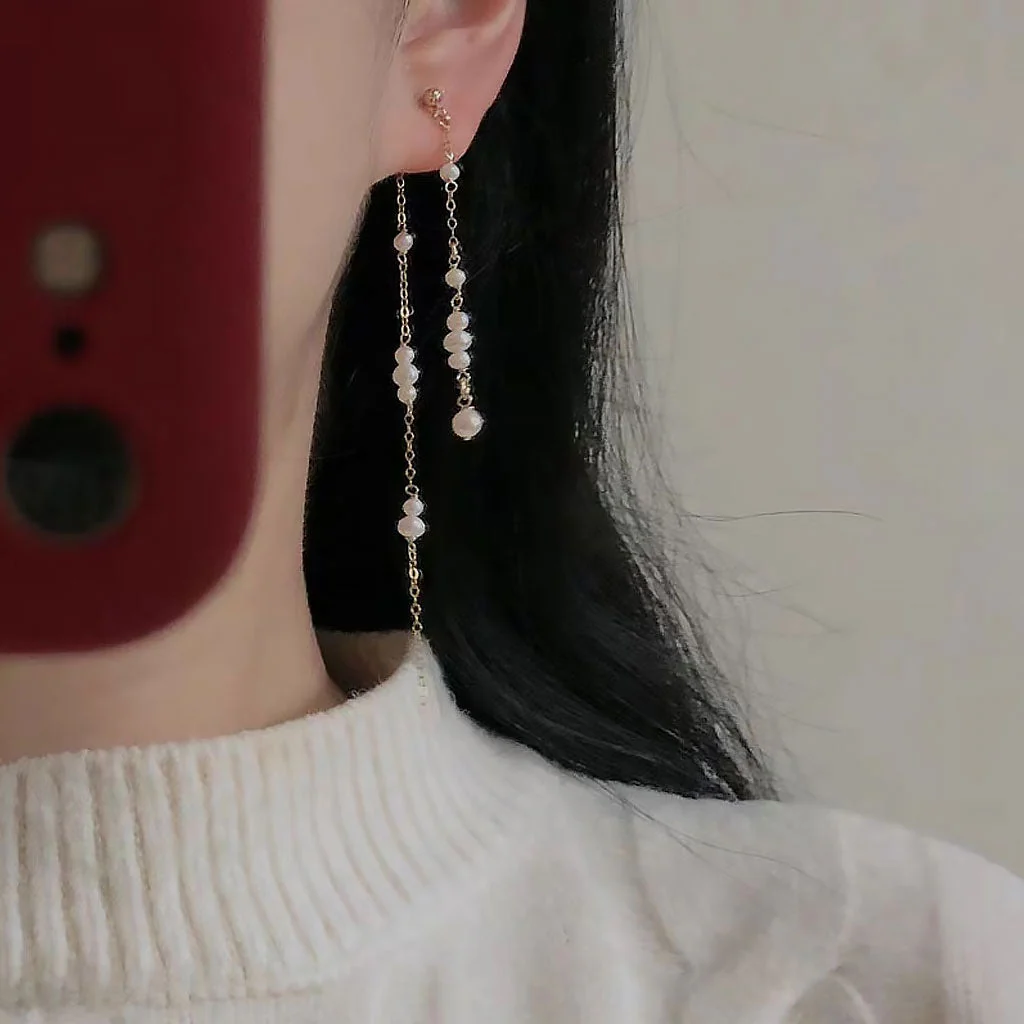 Chic 18K Gold Plated Two Tone Cable Chain Pearl Drop Linear Earrings - Image 4
