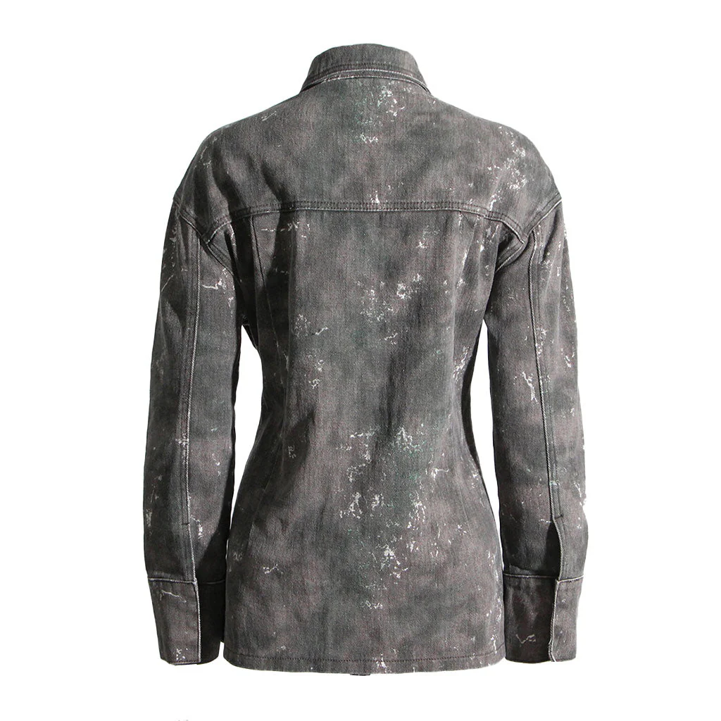 Chic Acid Wash Multiple Cargo Pocket Collared Button Up Denim Jacket - Image 2