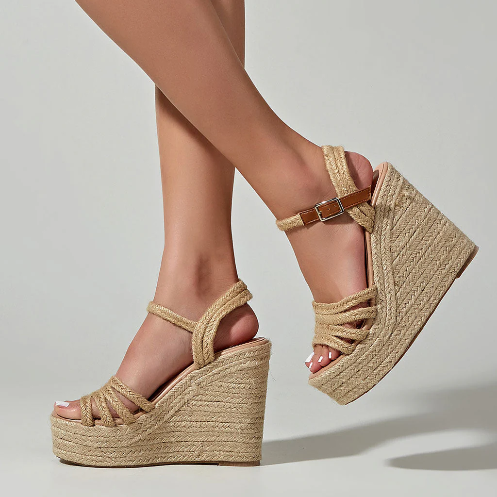 Chic Braided Effect Open Toe Ankle Strap Wedge Espadrilles - Beige - Image 2