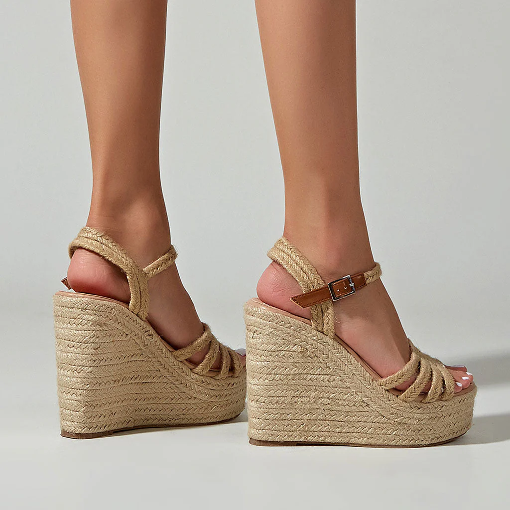 Chic Braided Effect Open Toe Ankle Strap Wedge Espadrilles - Beige - Image 3