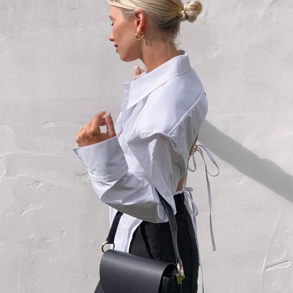 Chic Button Up Shoulder Pad Pointed Collar Tie String Backless Blouse - White - Image 2
