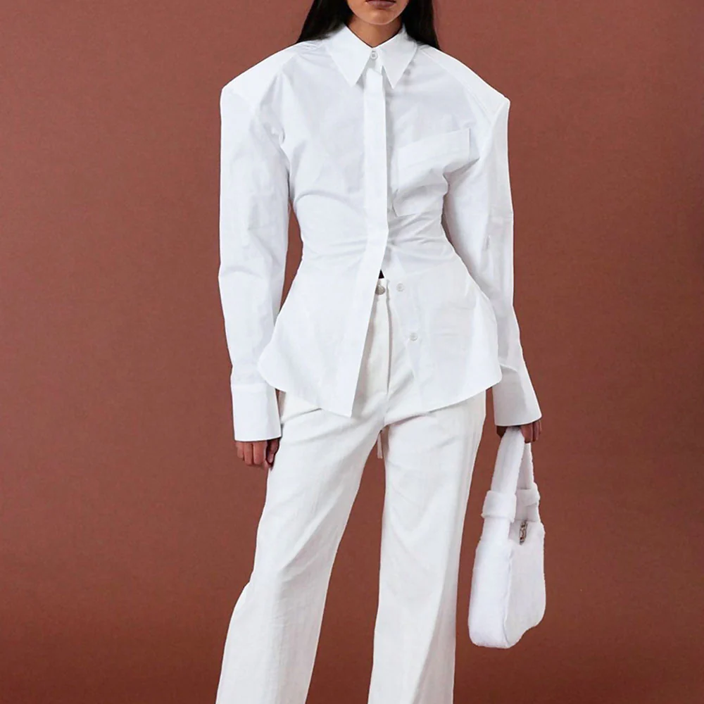 Chic Button Up Shoulder Pad Pointed Collar Tie String Backless Blouse - White - Image 3