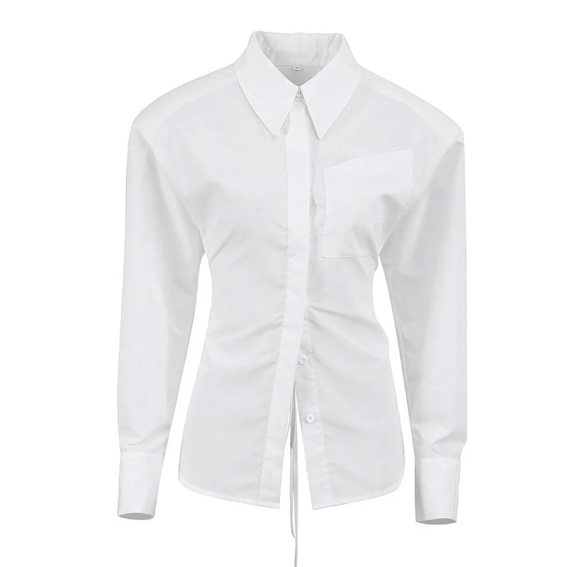 Chic Button Up Shoulder Pad Pointed Collar Tie String Backless Blouse - White - Image 4
