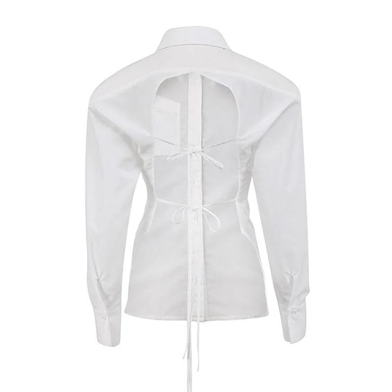 Chic Button Up Shoulder Pad Pointed Collar Tie String Backless Blouse - White - Image 5