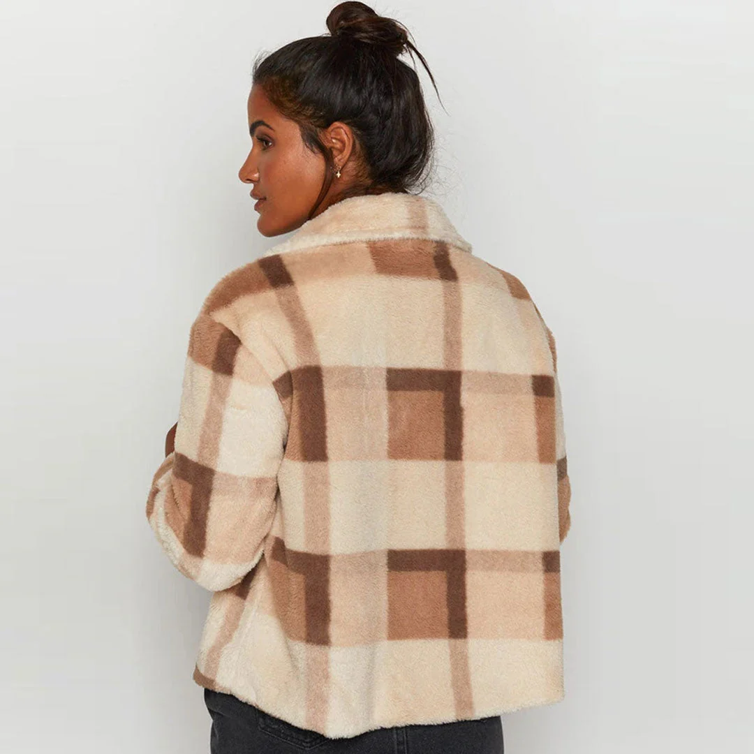 Chic Check Print Long Sleeve Button Up Flap Pocket Faux Fur Teddy Jacket - Brown - Image 4