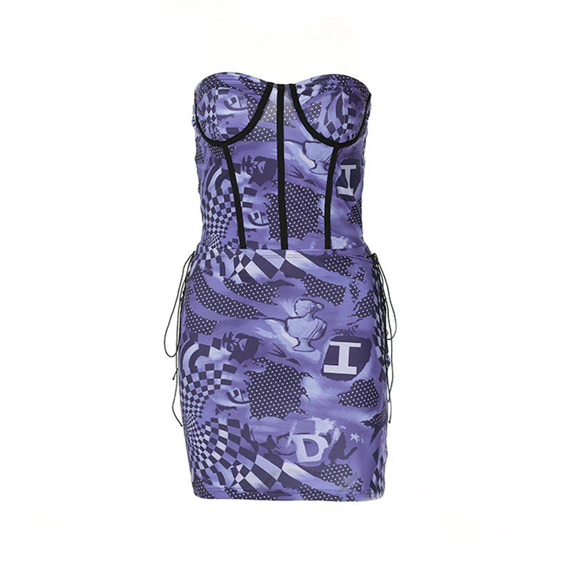 Chic Checkerboard Strapless Crop Top Lace Up Bodycon Mini Skirt Matching Set - Purple - Image 3