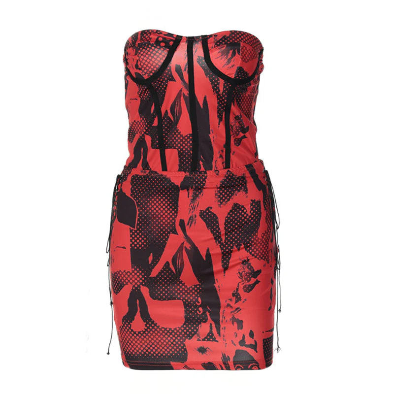 Chic Checkerboard Strapless Crop Top Lace Up Bodycon Mini Skirt Matching Set - Red - Image 3