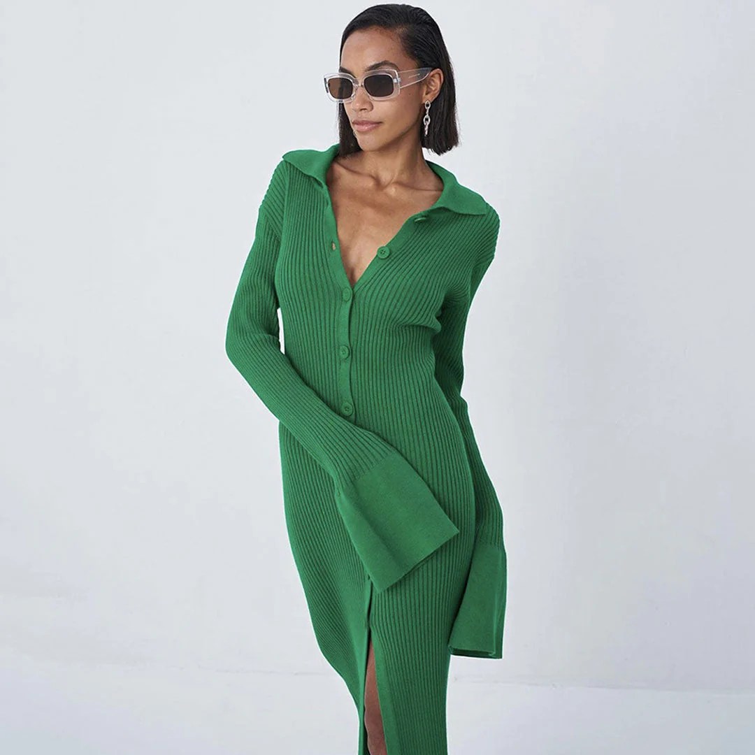 Chic Collared Button Down Long Sleeve Split Trim Rib Knit Maxi Dress - Green - Image 3