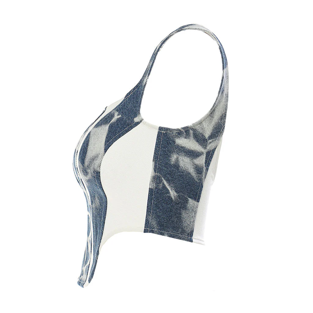 Chic Color Block Patchwork Square Neck Curved Hem Washed Denim Crop Top - Image 2