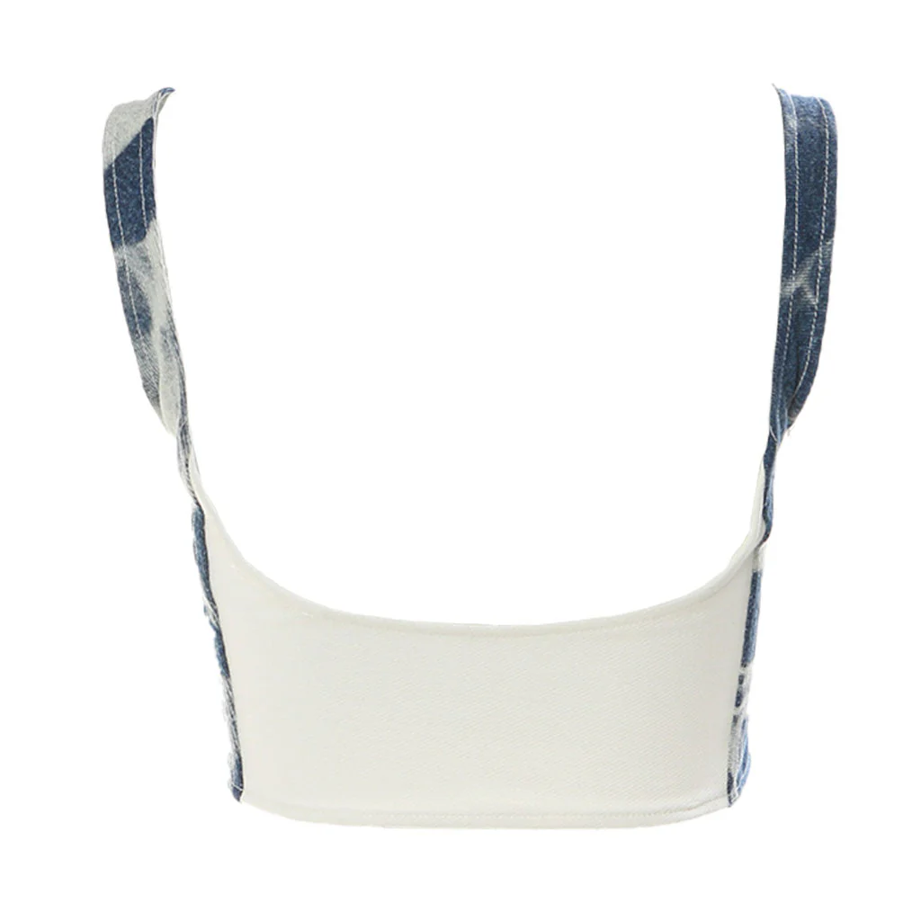 Chic Color Block Patchwork Square Neck Curved Hem Washed Denim Crop Top - Image 3