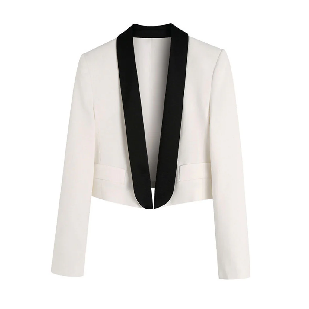 Chic Contrast Lapel Shawl Collar Shoulder Pad Cropped Blazer - White - Image 3