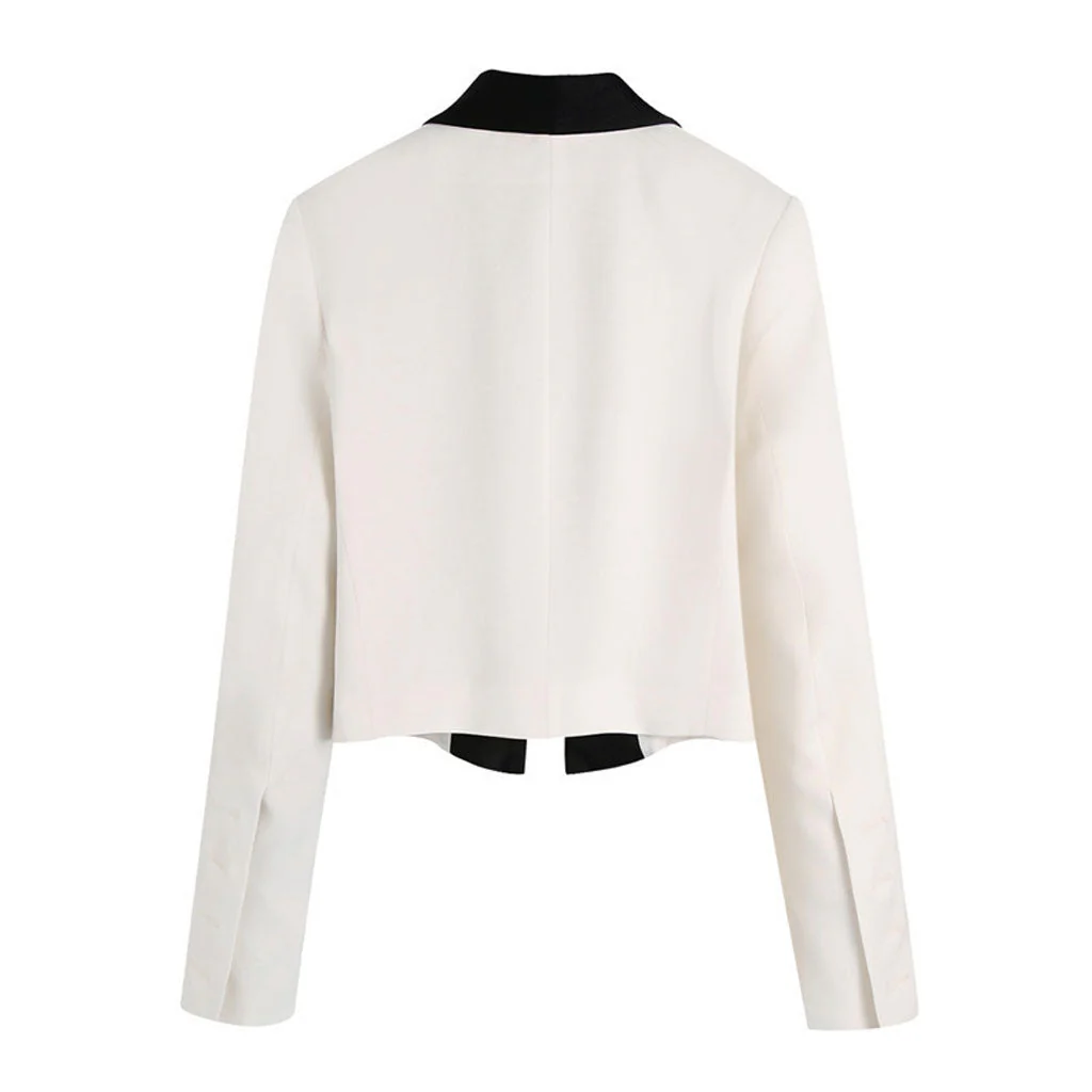 Chic Contrast Lapel Shawl Collar Shoulder Pad Cropped Blazer - White - Image 4