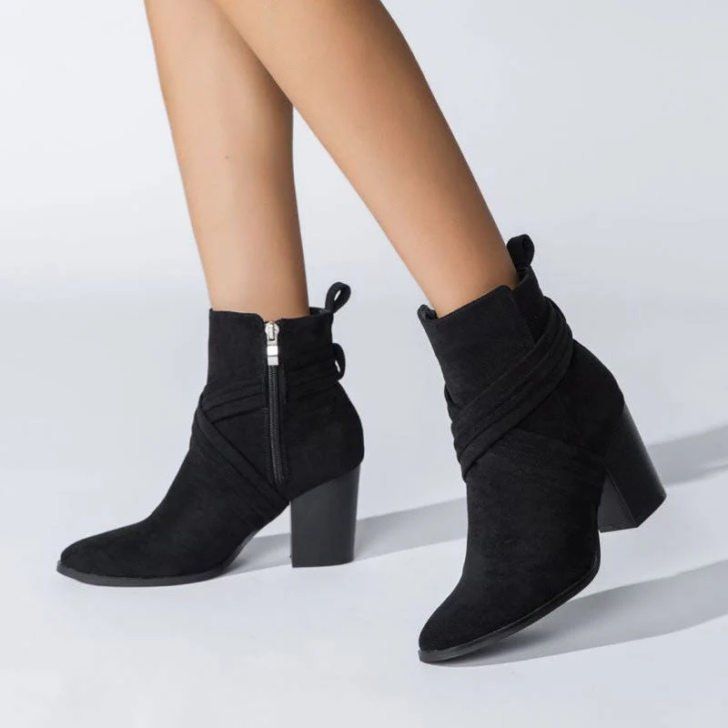 Chic Crisscross Strap Pointed Toe Block Heel Suede Ankle Boots - Black - Image 2