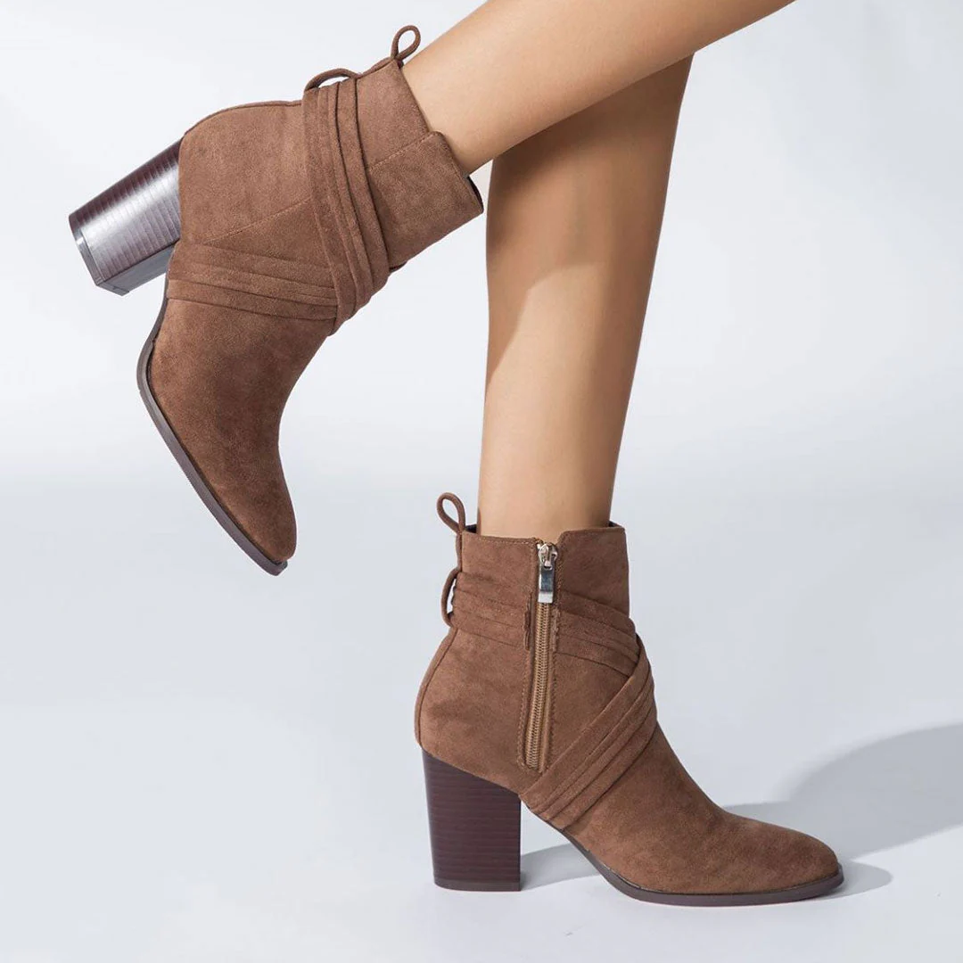 Chic Crisscross Strap Pointed Toe Block Heel Suede Ankle Boots - Brown - Image 2