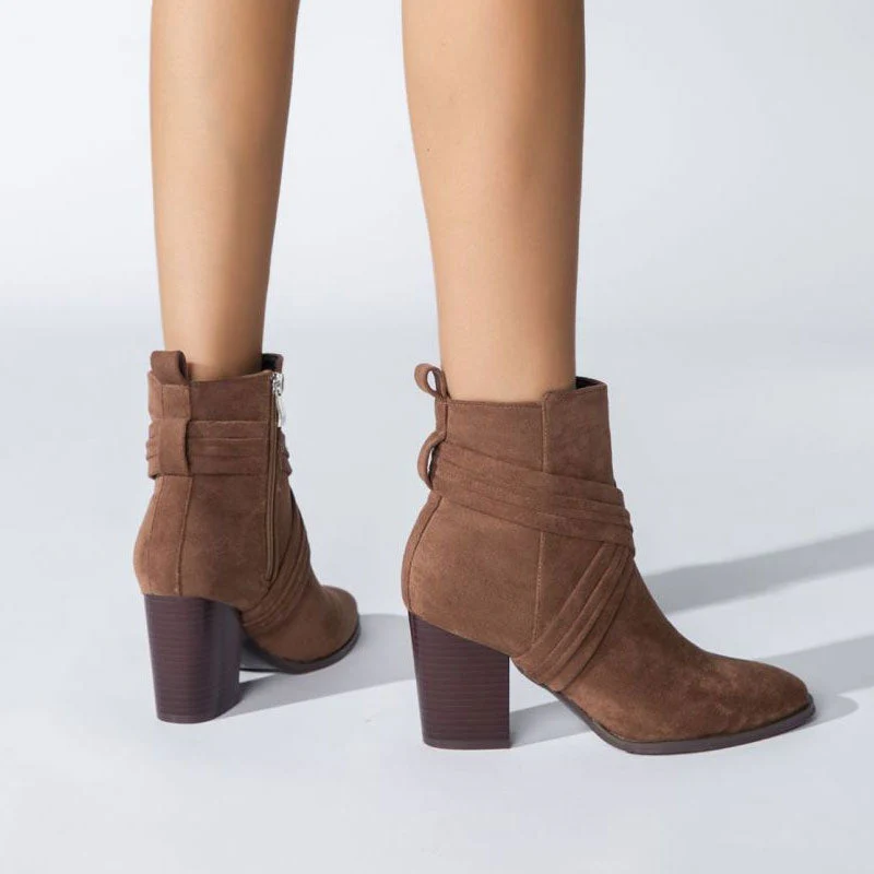 Chic Crisscross Strap Pointed Toe Block Heel Suede Ankle Boots - Brown - Image 3