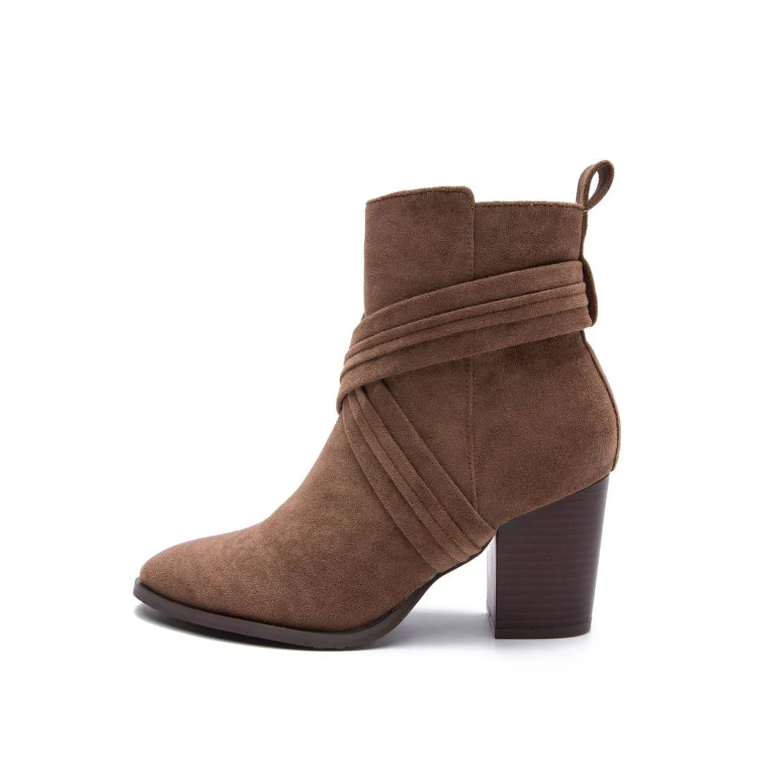 Chic Crisscross Strap Pointed Toe Block Heel Suede Ankle Boots - Brown - Image 4
