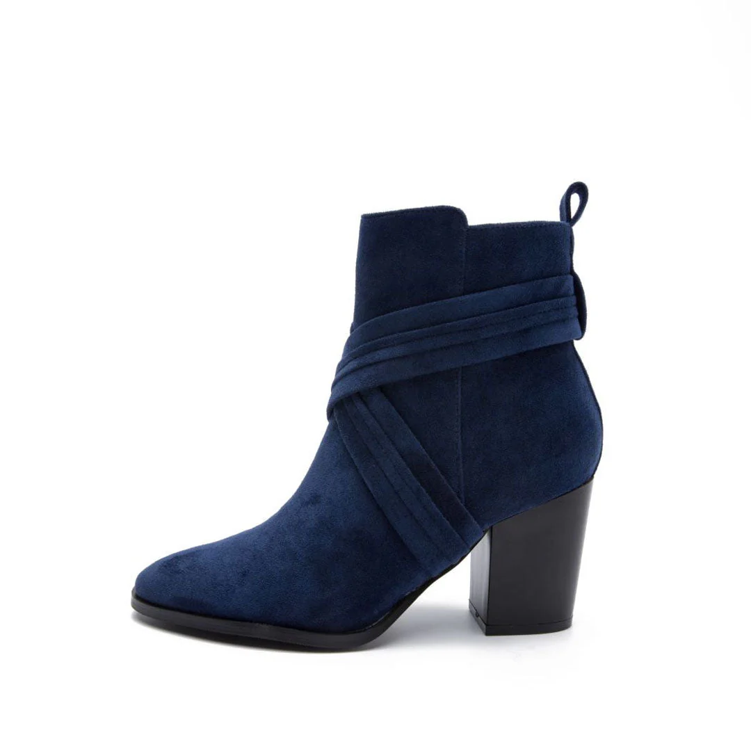 Chic Crisscross Strap Pointed Toe Block Heel Suede Ankle Boots - Navy Blue - Image 5