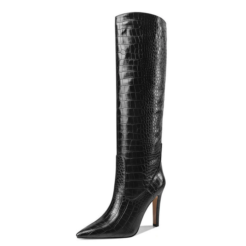 Chic Croc Effect Faux Leather Pointed Toe Knee High Stiletto Boots - Black - Image 2