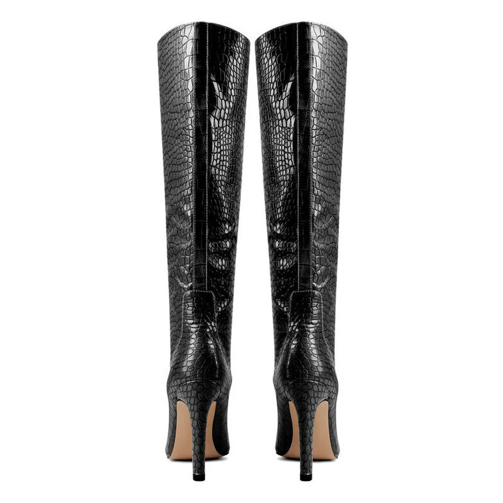 Chic Croc Effect Faux Leather Pointed Toe Knee High Stiletto Boots - Black - Image 3
