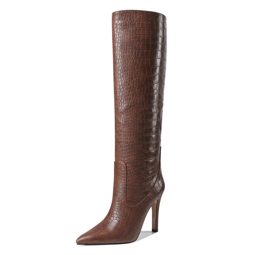 Chic Croc Effect Faux Leather Pointed Toe Knee High Stiletto Boots - Brown - Image 2