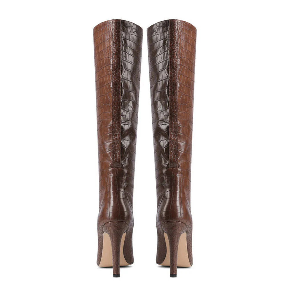 Chic Croc Effect Faux Leather Pointed Toe Knee High Stiletto Boots - Brown - Image 3