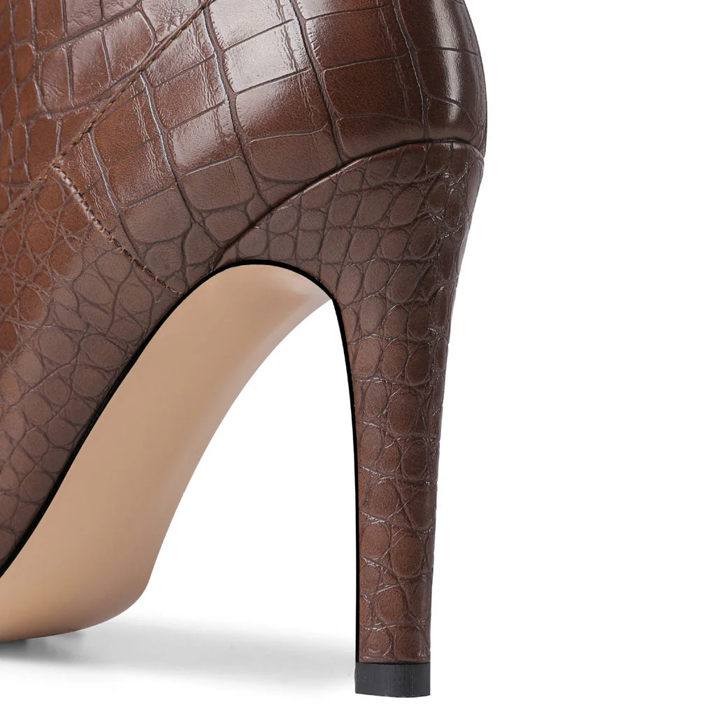 Chic Croc Effect Faux Leather Pointed Toe Knee High Stiletto Boots - Brown - Image 4