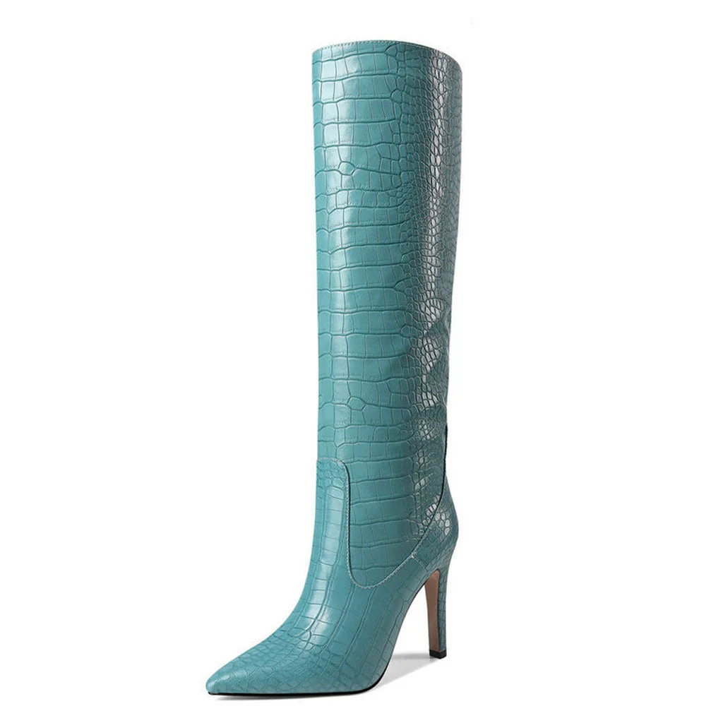 Chic Croc Effect Faux Leather Pointed Toe Knee High Stiletto Boots - Teal - Image 2