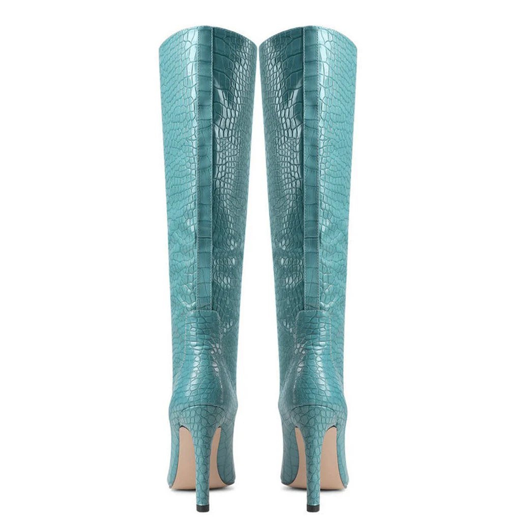Chic Croc Effect Faux Leather Pointed Toe Knee High Stiletto Boots - Teal - Image 3