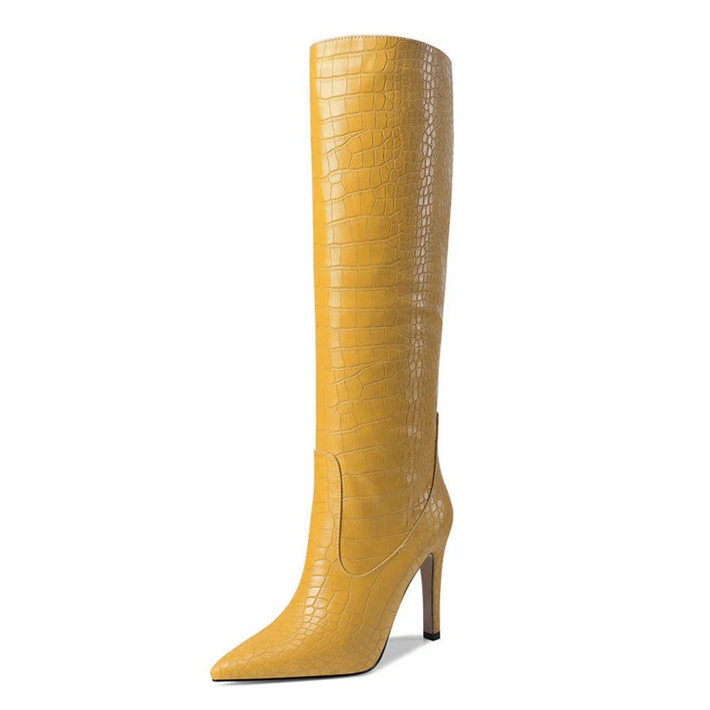Chic Croc Effect Faux Leather Pointed Toe Knee High Stiletto Boots - YelLow - Image 2