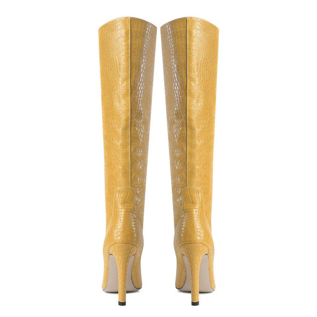 Chic Croc Effect Faux Leather Pointed Toe Knee High Stiletto Boots - YelLow - Image 3