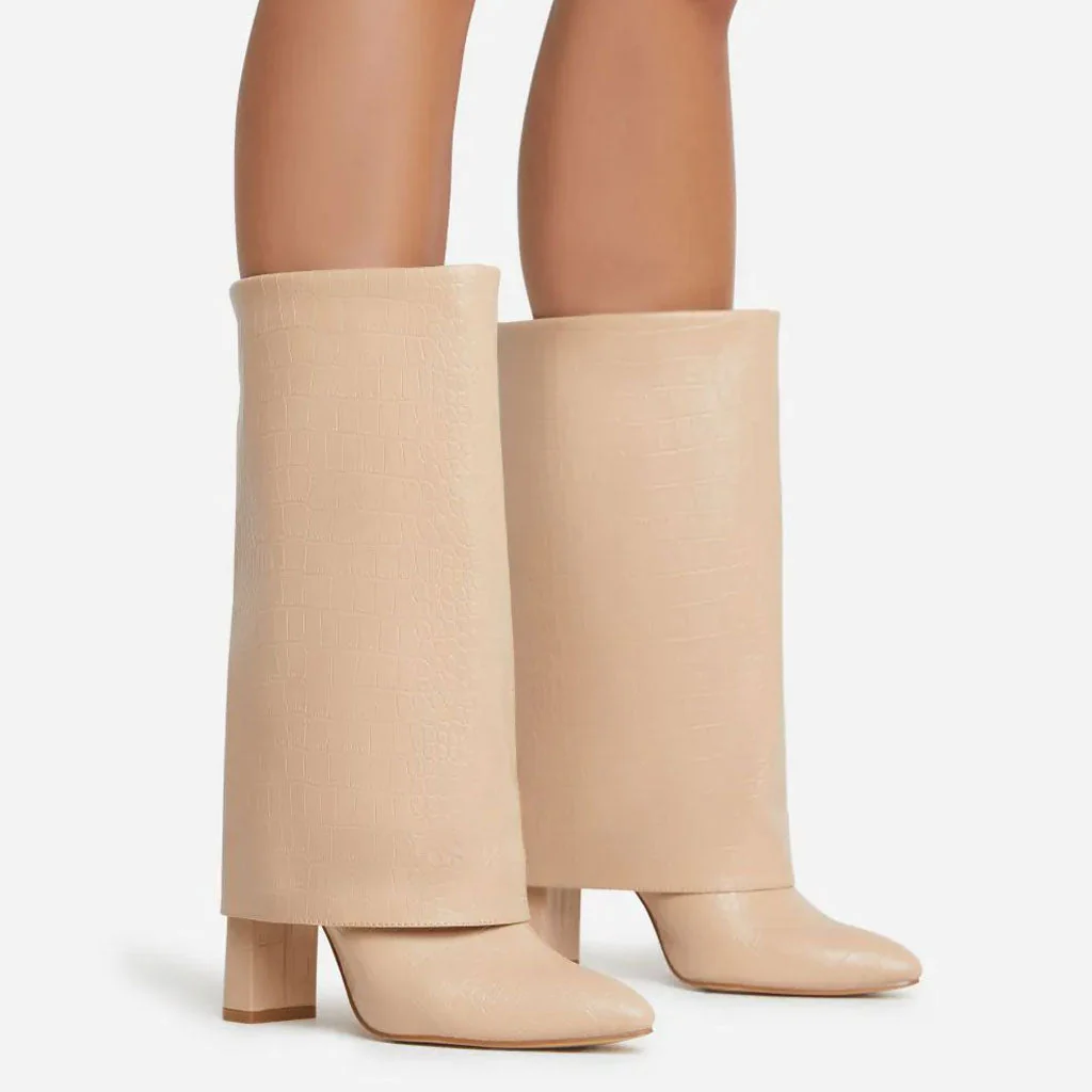Chic Croc Effect Foldover Mid-Calf Pointed Toe Block Heel Boots - Beige - Image 2