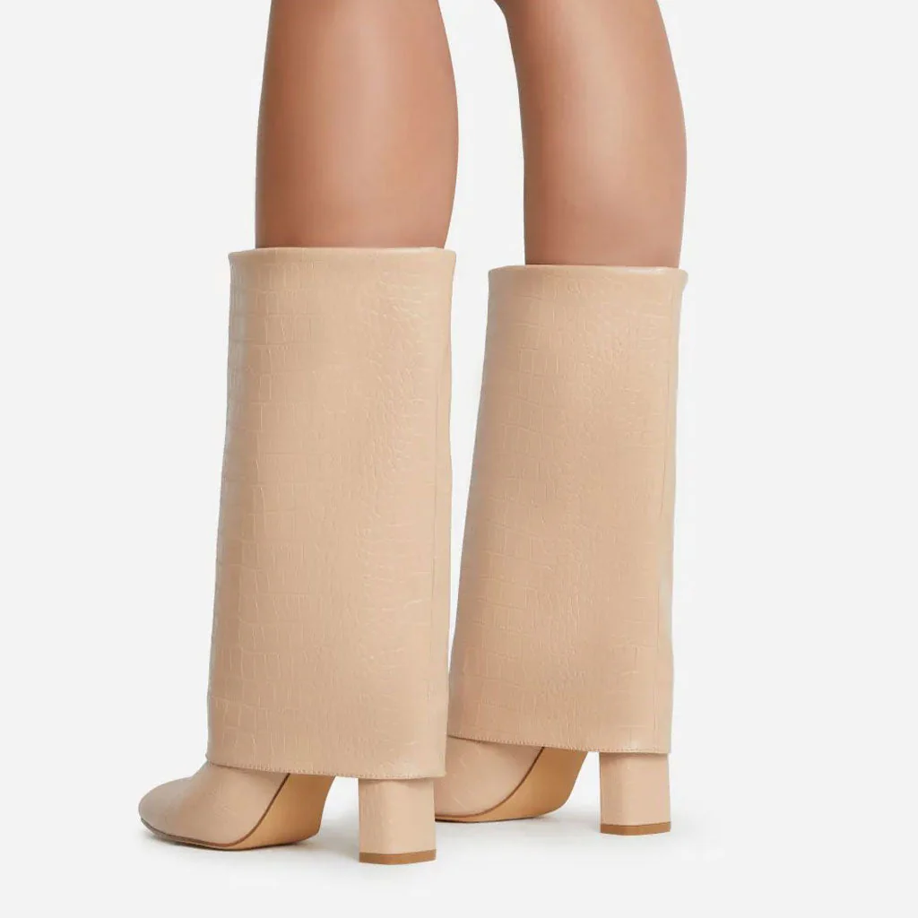 Chic Croc Effect Foldover Mid-Calf Pointed Toe Block Heel Boots - Beige - Image 3